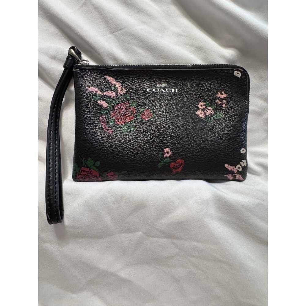 Coach New York Floral Rose Print Wristlet Black Pebbled Leather Zip Top Pouch